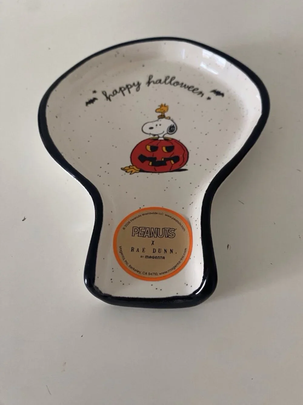 Rae Dunn Peanuts Snoopy & Woodstock Happy Halloween Ceramic Spoon Rest Pumpkin
